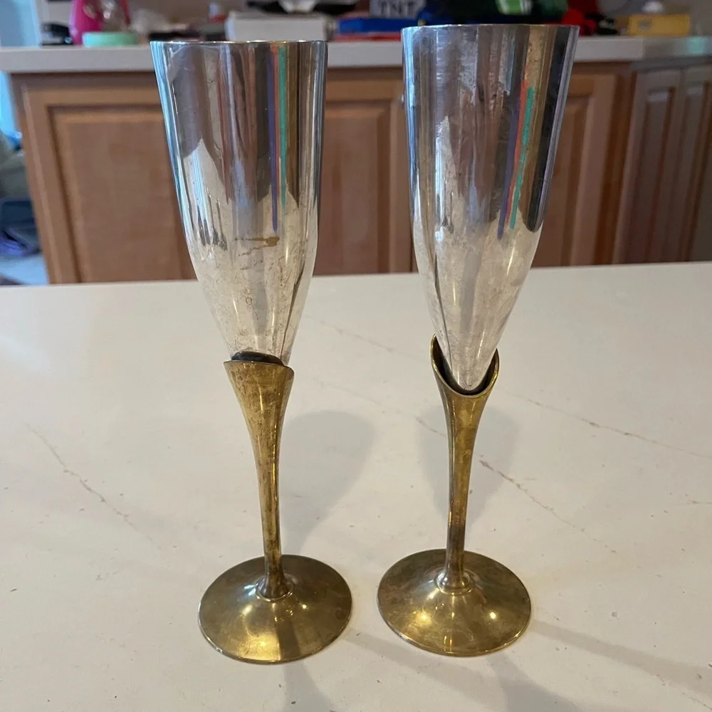 Vintage Two Tone Gold and Silver Brass  Champagne Flutes By‎ Maurice Duchin Inc